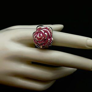 PINK SILVER RHINESTONE RING, STAMPED 825, CHUNKY ROSE SHAPED, VERY SPARKLY